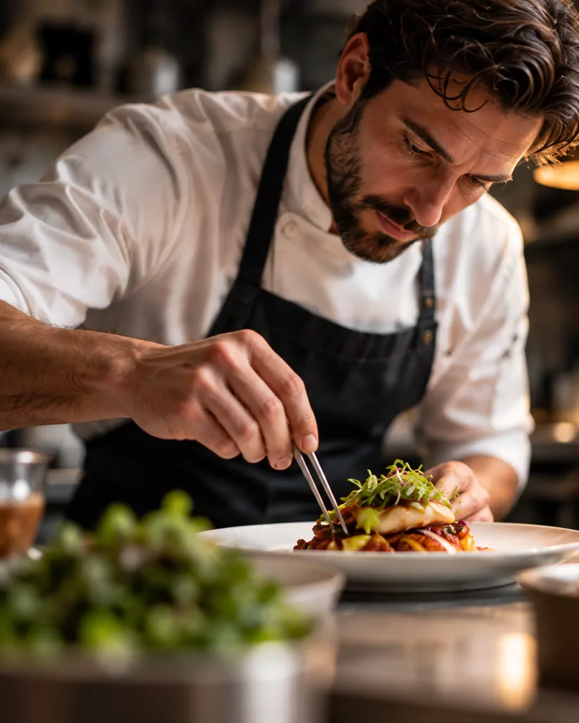 chef finalizando um prato na cozinha